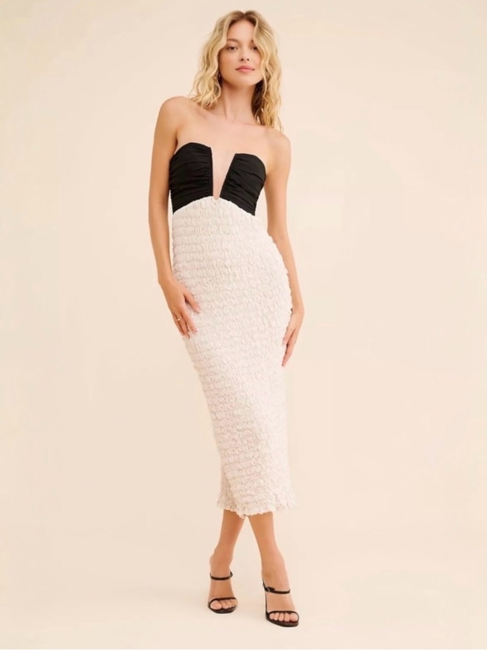 Strapless Two-Tone Sweetheart Midi Dress in Black and Cream